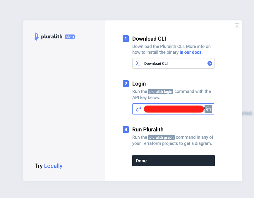 Onboarding Pluralith CLI : téléchargement, login avec clé API, commande pluralith graph