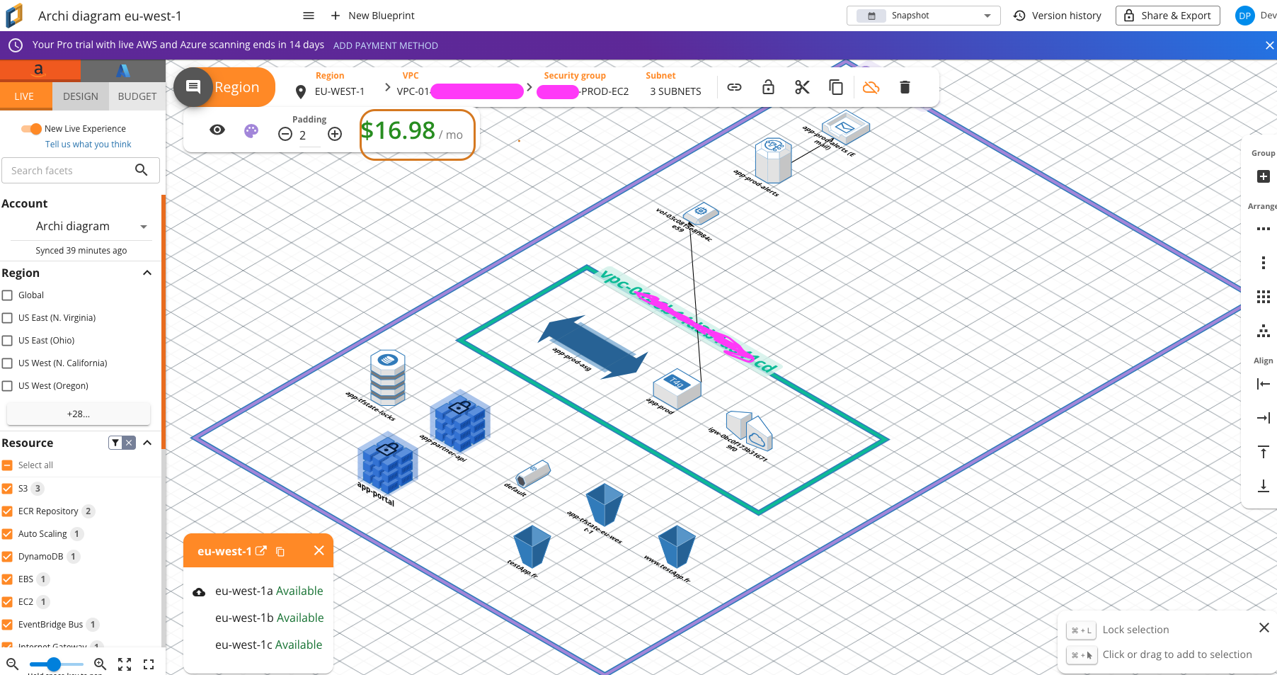 Diagramme isométrique Cloudcraft généré par scan live du compte AWS eu-west-1